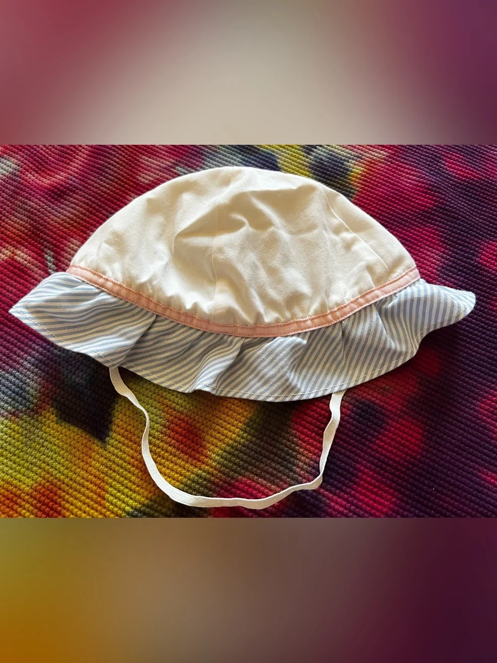 Vintage 90s Baby Bonnet Hat White with Blue Striped Ruffle & Pink Trim